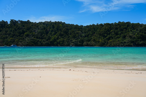 Fototapeta Naklejka Na Ścianę i Meble -  Beautiful beach with turquoise transparent waters on Koh Rok island (Ko Rok Noi) in Mu Ko Lanta National Park in the Andaman Sea, Krabi Province, Thailand