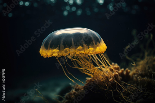A jelly fish swimming in a tropical setting. AI generated © yuliachupina