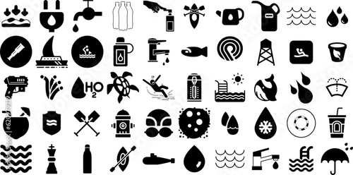 Big Collection Of Water Icons Set Black Vector Elements Bathing, Tool, Wind, Yacht Pictogram Vector Illustration
