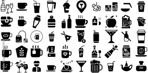 Huge Set Of Drink Icons Pack Black Infographic Pictograms Set, Sweet, Milk, Infographic Silhouette Isolated On White Background