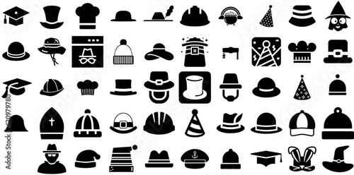 Mega Set Of Hat Icons Bundle Isolated Modern Web Icon Toque, Birthday, Contractor, Icon Glyphs Isolated On Transparent Background