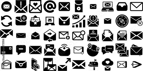 Mega Collection Of Mail Icons Pack Black Drawing Silhouettes Mark, Correspondence, Finance, Steal Doodles Vector Illustration photo