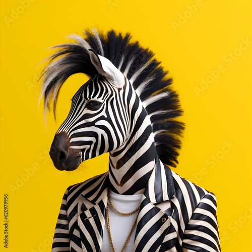 Zebra  wearing a gentleman suit with strips on it photoshoot
