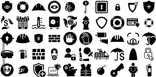 Massive Collection Of Safety Icons Set Hand-Drawn Black Vector Web Icon Occupational, Glove, Crane, Icon Glyphs For Apps And Websites