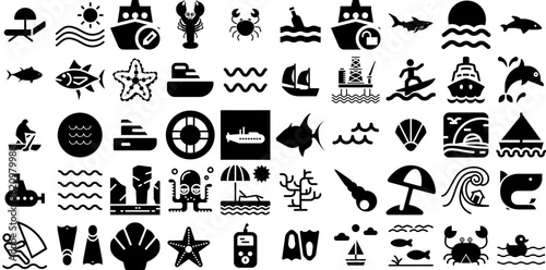 Big Set Of Sea Icons Collection Hand-Drawn Linear Simple Symbol Tortoise  Anchor  Icon  Creature Pictogram Isolated On White Background
