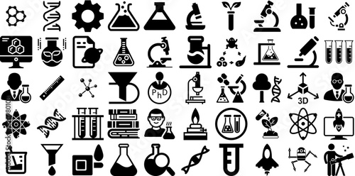 Huge Set Of Science Icons Pack Flat Drawing Elements Note, Icon, Algorithm, Symbol Symbols Isolated On White Background photo