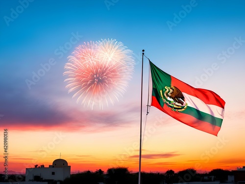 Mexican Celebration Flag And Fireworks At Sunset and cloud. Image is generated with the use of an ai