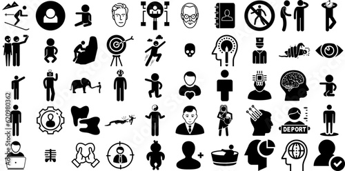 Huge Set Of Human Icons Bundle Hand-Drawn Black Modern Elements Silhouette, Incorrect, Parity, Health Element Isolated On Transparent Background