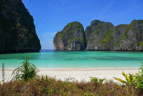 Maya Bay, an amazing beach with white sand and turquoise waters surrounded with limestone cliffs on Koh Phi Phi Leh island, Krabi Province, Thailand. The place was made famous by the movie "The Beach"