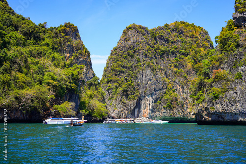 Speedboats waiting at the new back entrance to Maya Bay on Koh Phi Phi Ley island in the Andaman Sea, Krabi Province, Thailand