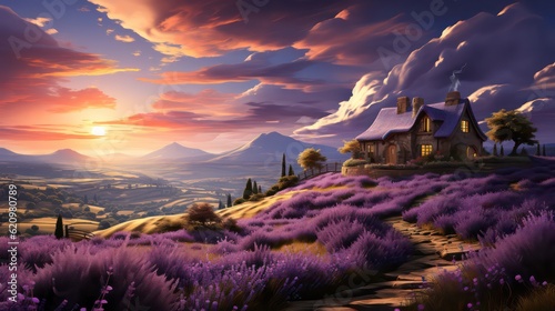 Lavender Field in Full Bloom with Charming Cottage in the Distance