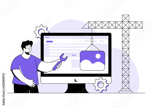 website, under construction flat illustration vector concept for landing page, ui, web, mobile app,, System maintenance, Developer building website, Website development, Developer fixing website 