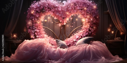 A bed with a heart shape darkly romantic illustrations pink lighting photo