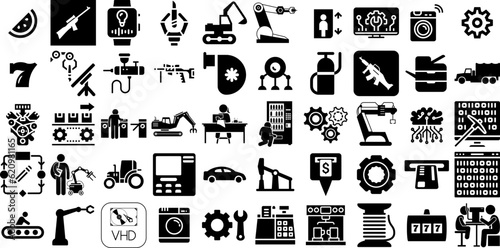 Massive Collection Of Machine Icons Set Hand-Drawn Isolated Concept Silhouette Heavy, Coin, Maintain, Tool Illustration For Apps And Websites