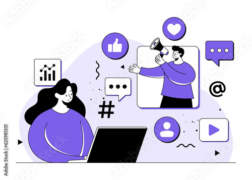 Social media marketing, Digital marketing, Endorsement, Endorse, E-commerce, Business concept flat illustration, Social media campaign, Seo optimization, Native advertising, content marketing