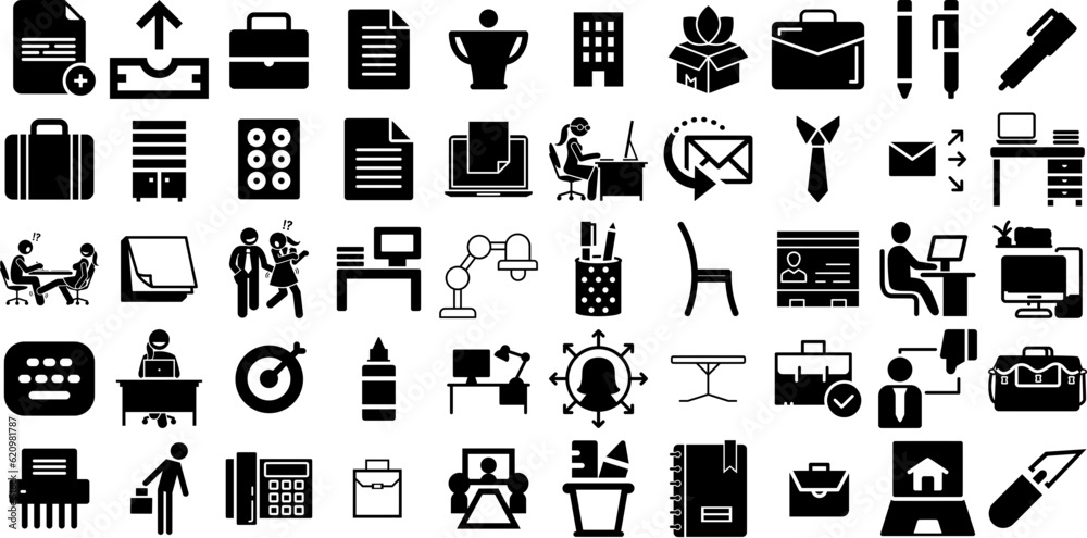 Massive Set Of Office Icons Bundle Linear Vector Glyphs Set, Condo, Tool, Person Symbol For Computer And Mobile