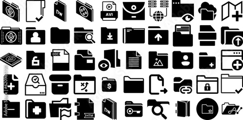 Huge Collection Of Folder Icons Set Hand-Drawn Linear Concept Silhouettes Icon, Glyphs, Symbol, Magnifier Silhouettes For Apps And Websites
