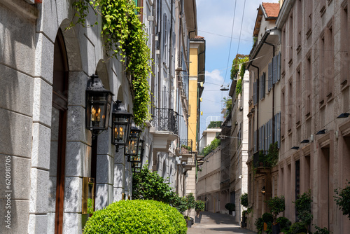  the famous Via della Spiga, one of the streets in the historic center of Milan that bounds the so-called "fashion quadrilateral" and is the street par excellence of luxury shopping. No people.