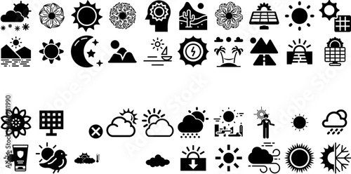 Massive Set Of Sun Icons Pack Black Infographic Web Icon Hand-Drawn, Set, Mark, Sweet Clip Art Isolated On White Background