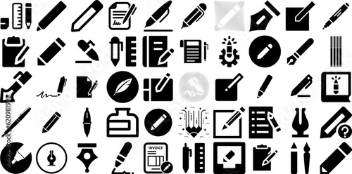 Big Set Of Pen Icons Set Hand-Drawn Solid Vector Glyphs Icon, Tablet, Cosmetic, Silhouette Signs Isolated On Transparent Background photo