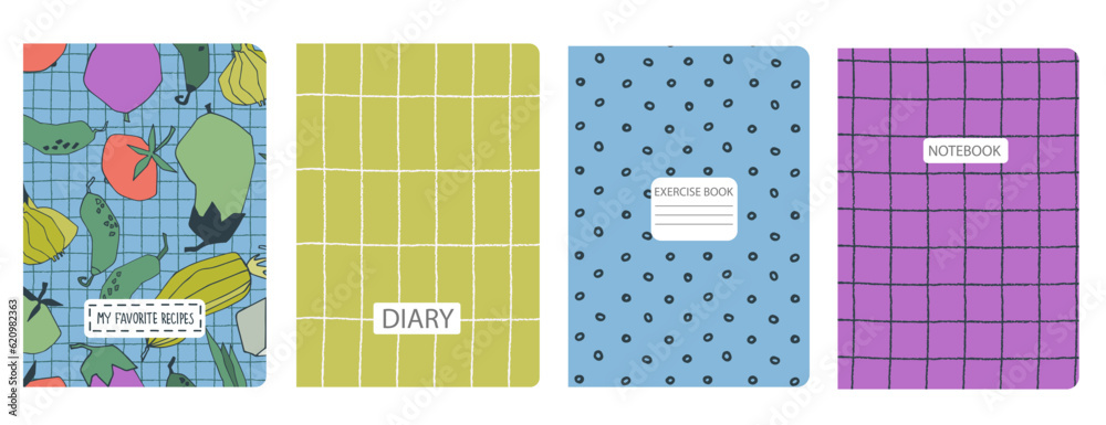 Cover page vector templates for recipe books with hand drawn vegetables. Cookery books cover layout. Based on seamless patterns. Headers isolated and replaceable Cover page vector templates for recipe books with hand drawn vegetables. Cookery books cover layout. Based on seamless patterns. Headers isolated and replaceable