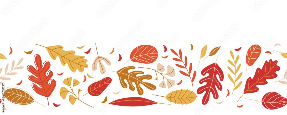 Seamless border with autumn leaves. Vector illustration in doodle style ...