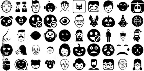 Huge Collection Of Face Icons Set Linear Infographic Silhouettes Silhouette, Profile, Laundered, Farm Animal Silhouette Vector Illustration
