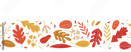 Seamless border with autumn leaves. Vector illustration in doodle style. Flat repeated background. Horizontal seamless pattern for decoration  printing  packaging  fabric  textiles  embroidery.
