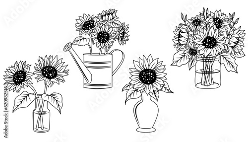 Set of 4 hand drawn Sunflowers. Outline vector designs.
