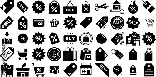 Mega Set Of Sale Icons Collection Isolated Vector Silhouettes Shopping, Sweet, Set, Silhouette Glyphs Isolated On Transparent Background