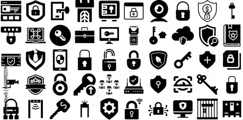 Mega Collection Of Security Icons Pack Isolated Modern Clip Art Tool, Set, Mark, Person Pictogram For Computer And Mobile photo