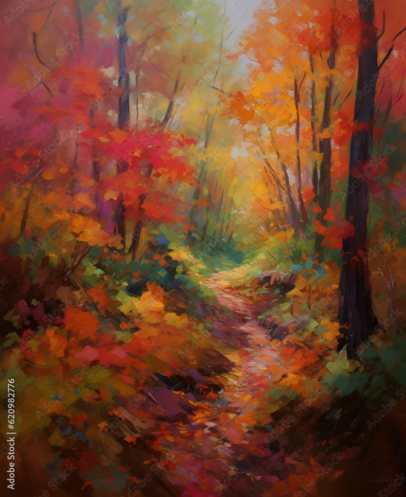 An impressionistic interpretation of a forest, but instead of traditional green, the leaves are an explosion of red, orange, pink, and gold.