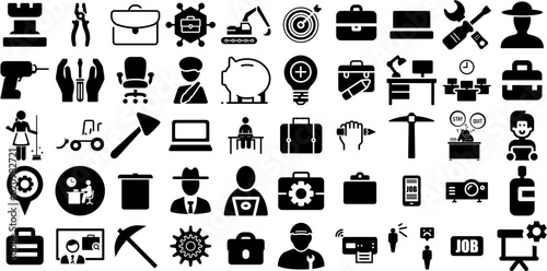 Big Collection Of Work Icons Pack Hand-Drawn Isolated Drawing Pictogram Health, Contractor, Artist, Tool Elements Vector Illustration