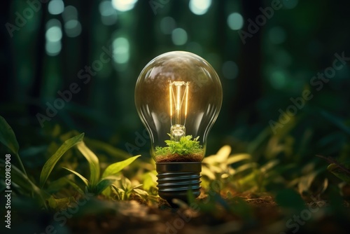 Light bulb glowing in forest. Nature conservation. Energy consumption statement - Generative AI