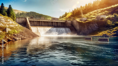 A powerful hydroelectric power plant converts water flows into clean energy, reducing dependence on fossil fuels and reducing greenhouse gas emissions. The concept of hydropower photo