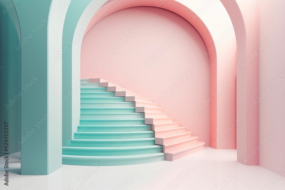 Obraz premium Illustration in modern geometric style Arch and stairs in trendy minimal interior. AI generated