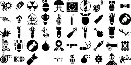 Big Set Of Bomb Icons Set Hand-Drawn Isolated Vector Symbols Terrorism, Dynamite, Icon, Weapon Signs Isolated On White