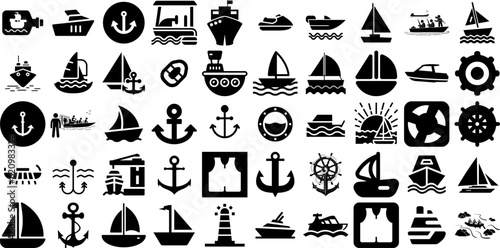 Massive Collection Of Boat Icons Set Hand-Drawn Linear Design Pictogram Icon, Wrapping, Yacht, Silhouette Elements Isolated On White Background