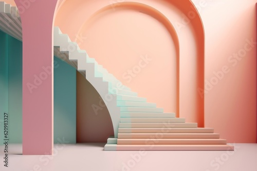 Illustration in modern geometric style Arch and stairs in trendy minimal interior. AI generated