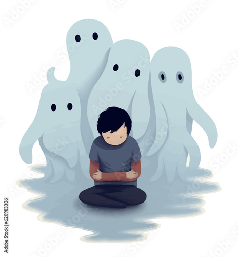  A Sadness Child have a Mental Illness Psychological Phenomena sitting with Lonely Ghost