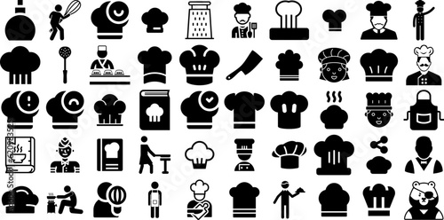 Massive Set Of Chef Icons Collection Black Drawing Pictograms Icon, Toque, Chef, Receipe Pictograph Isolated On Transparent Background photo