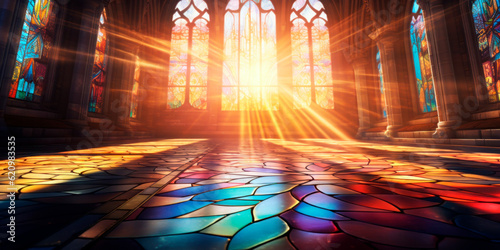 sun's rays piercing through a vibrant stained-glass window, casting a mosaic of colors on the hallowed church floor