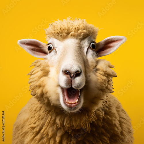 sheep looking surprised, reacting amazed, impressed, standing over yellow background