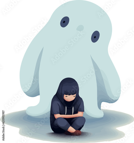  A Sadness Child have a Mental Illness Psychological Phenomena sitting with Lonely Ghost