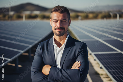 Portrait of manager handsome man standing at solar panels power plant for sustainable energy. Generative AI © vladdeep