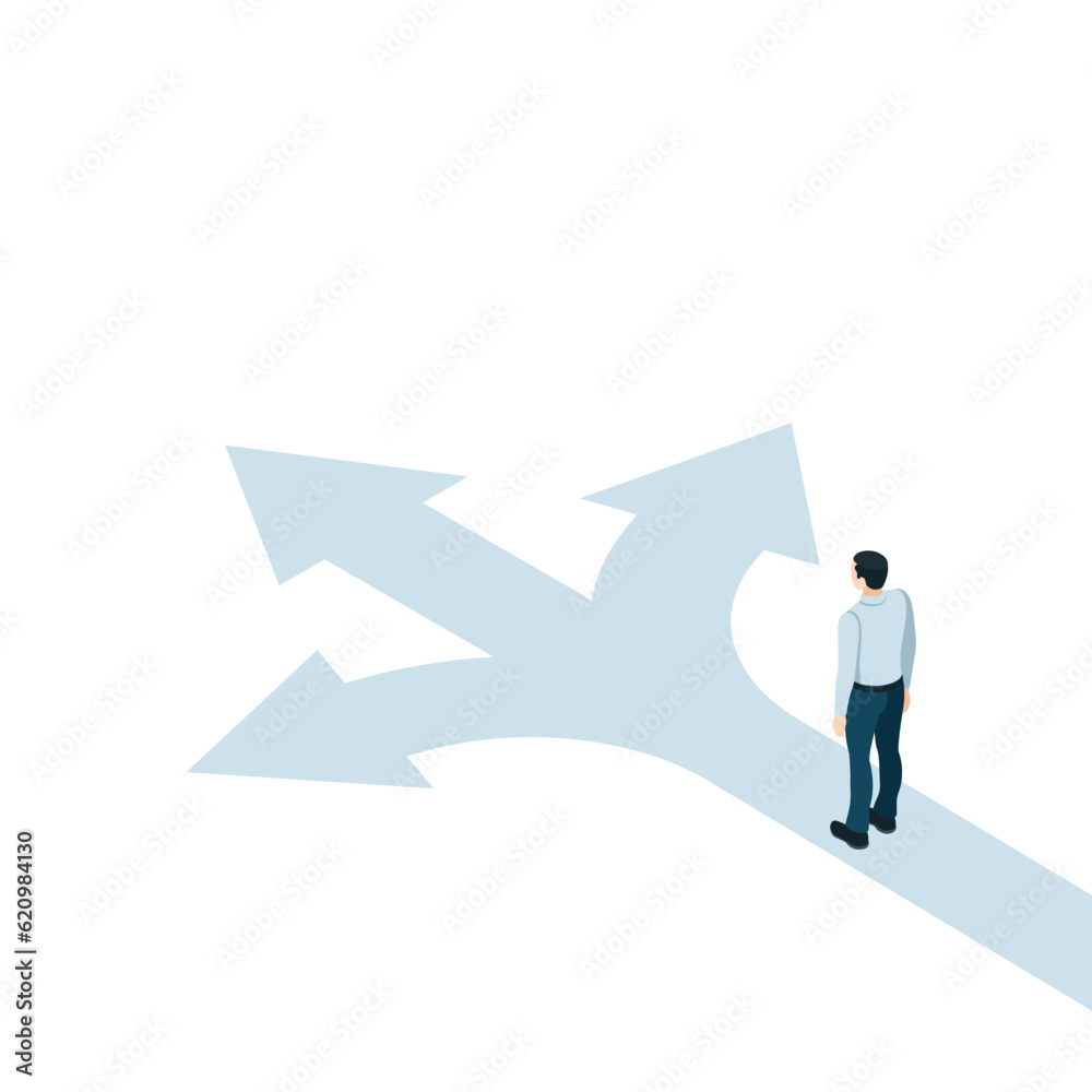 divergence of three arrows on a white background and an isometric man making a choice, the direction of movement towards success in business