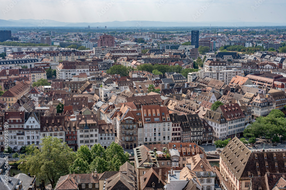 Strasbourg, France - 06 26 2023: Strasbourg cathedral: View of the city from the roof of the cathedral.
