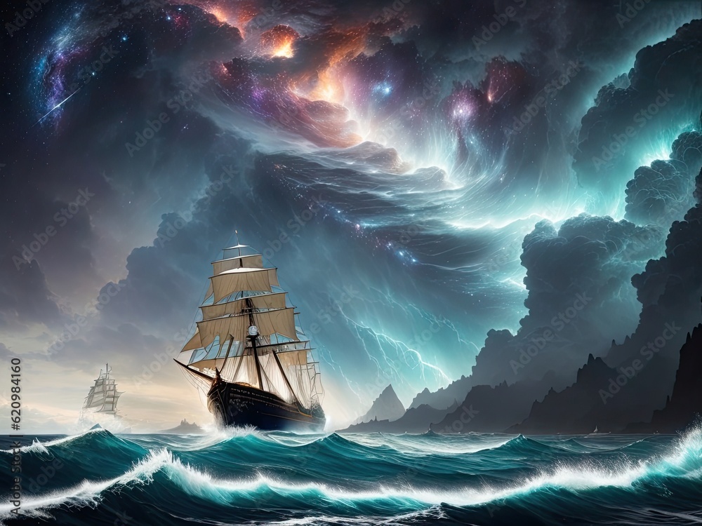 Obraz premium Generative Ai Sailing ship painting, vintage painting illustration, pirates ship painting, sailing ship sea illustration, old ship painting illustration, sailing ship vintage oil painting