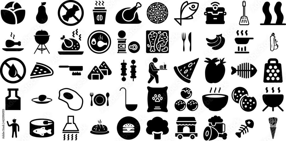 Mega Set Of Food Icons Pack Hand-Drawn Solid Vector Signs Health, Certified, Cooked, Pointer Pictograms Isolated On Transparent Background