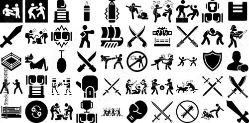Massive Set Of Fight Icons Set Flat Drawing Pictogram Knight, Conflict, Icon, Martial Art Clip Art Isolated On Transparent Background